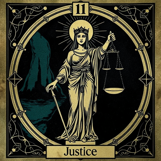 Justice tarot card representing truth, accountability, balance, and the consequences of choices.