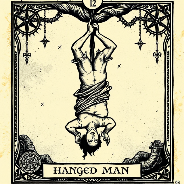 The Hanged Man tarot card symbolizing pause, surrender, new perspective, and letting go of control.