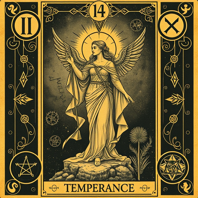 Temperance tarot card symbolizing balance, moderation, integration, and finding harmony between extremes.