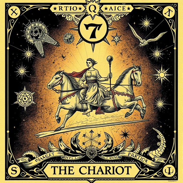 The Chariot tarot card representing determination, direction, self-control, and moving forward with focus.