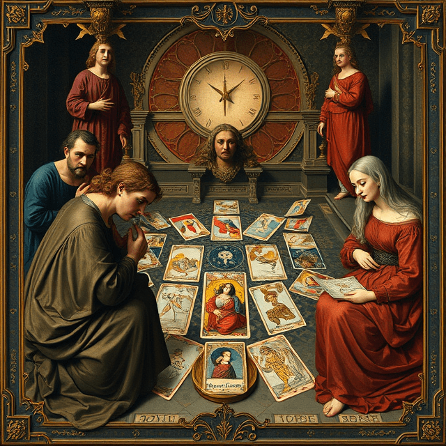 Tarot spread illustration showing cards laid out in a structured pattern, used to guide interpretation and reveal insight through card relationships.