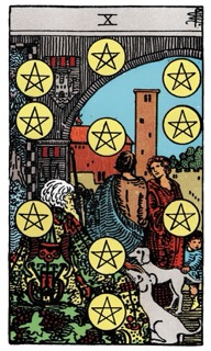 Classic Rider–Waite–Smith Ten of Pentacles tarot card symbolizing long-term stability, family legacy, wealth, and lasting security.
