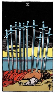 Rider–Waite Ten of Swords tarot card depicting a figure pierced by swords beneath a dark sky, symbolizing painful endings, collapse, and finality.