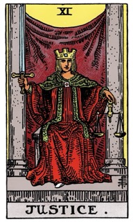 Rider-Waite Tarot card Justice, representing fairness, accountability, and balanced decision-making.