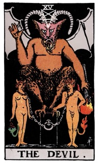 Rider-Waite Tarot card The Devil, representing attachment, patterns, and awareness of limitations.