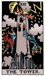 Rider-Waite Tarot card The Tower, symbolizing sudden disruption and the breakdown of unstable structures.