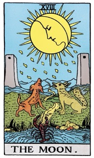 Rider-Waite Tarot card The Moon, symbolizing uncertainty, intuition, and navigating the unknown.