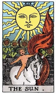 Rider-Waite Tarot card The Sun, representing clarity, warmth, confidence, and vitality.