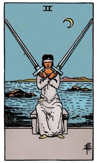 Rider–Waite Two of Swords tarot card depicting a blindfolded figure holding two crossed swords, symbolizing indecision, emotional avoidance, and mental balance.