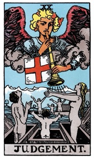 Rider-Waite Tarot card Judgement, symbolizing awakening, review, and conscious choice.