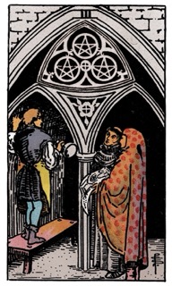 Classic Rider–Waite–Smith Three of Pentacles tarot card illustrating collaboration, craftsmanship, teamwork, and building something through shared effort.