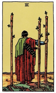 Rider–Waite Three of Wands tarot card showing a figure watching ships from a distance, symbolizing expansion, anticipation, and long-term vision.