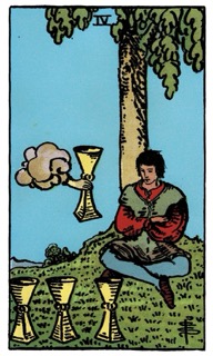 Rider–Waite Four of Cups tarot card featuring a seated figure ignoring a cup, symbolizing emotional withdrawal, apathy, and contemplation.