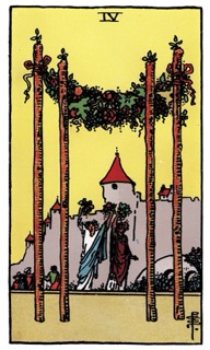 Rider–Waite Four of Wands tarot card depicting a celebratory scene beneath a floral arch, symbolizing stability, harmony, and shared joy.