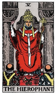 Rider-Waite Tarot card The Hierophant, representing tradition, shared beliefs, and guidance through established systems.