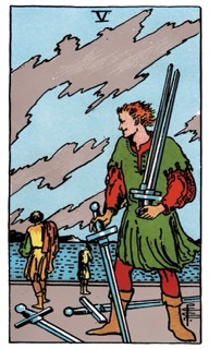 Rider–Waite Five of Swords tarot card showing a figure holding swords after conflict, symbolizing hollow victory, tension, and unresolved disputes.