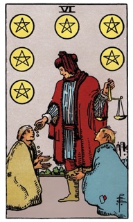 Classic Rider–Waite–Smith Six of Pentacles tarot card symbolizing generosity, charity, fairness, and balance in giving and receiving.