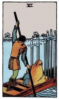 Rider–Waite Six of Swords tarot card depicting a boat crossing water, symbolizing transition, healing after conflict, and moving toward calmer ground.