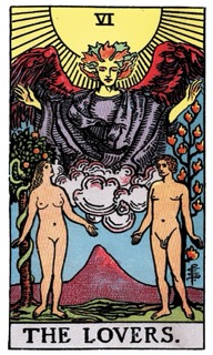 Rider-Waite Tarot card The Lovers, symbolizing choice, connection, and alignment of values.