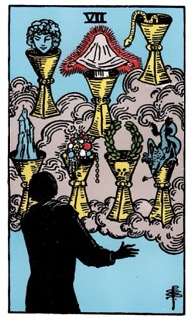 Rider–Waite Seven of Cups tarot card showing multiple cups filled with visions, symbolizing illusion, temptation, and emotional confusion.