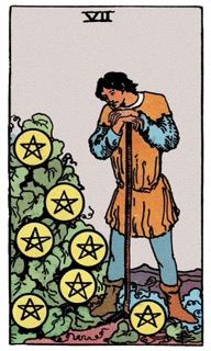 Classic Rider–Waite–Smith Seven of Pentacles tarot card representing patience, long-term effort, reflection, and waiting for results.
