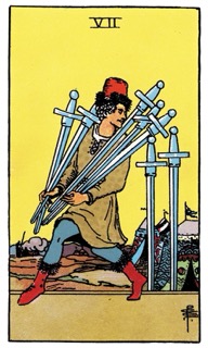 Rider–Waite Seven of Swords tarot card showing a figure sneaking away with swords, symbolizing secrecy, strategy, and hidden motives.