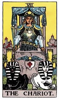 Rider-Waite Tarot card The Chariot, representing determination, direction, and focused movement forward.