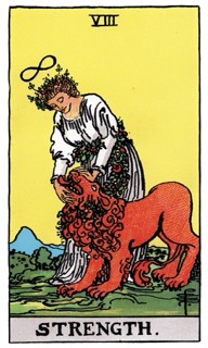 Rider-Waite Tarot card Strength, symbolizing calm courage, inner balance, and gentle self-control.