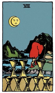 Rider–Waite Eight of Cups tarot card depicting a figure walking away from stacked cups, symbolizing emotional withdrawal and seeking deeper meaning.