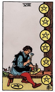 Classic Rider–Waite–Smith Eight of Pentacles tarot card symbolizing diligence, skill development, focus, and steady progress through work.