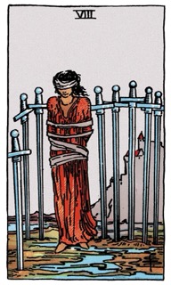 Rider–Waite Eight of Swords tarot card depicting a bound figure surrounded by swords, symbolizing mental restriction, fear, and self-imposed limits.
