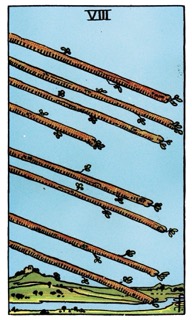 Rider–Waite Eight of Wands tarot card depicting eight wands flying through the air, symbolizing speed, momentum, and rapid developments.