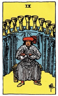 Rider–Waite Nine of Cups tarot card showing a seated figure before nine cups, symbolizing emotional satisfaction, contentment, and wishes fulfilled.