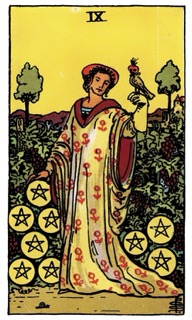 Classic Rider–Waite–Smith Nine of Pentacles tarot card representing independence, self-sufficiency, comfort, and personal abundance.