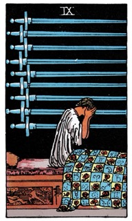 Rider–Waite Nine of Swords tarot card showing a figure sitting up in distress, symbolizing anxiety, overthinking, and mental anguish.