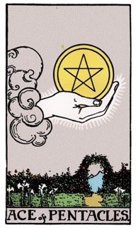 Classic Rider–Waite–Smith Ace of Pentacles tarot card showing a hand holding a pentacle, symbolizing new material beginnings, opportunity, and stability.