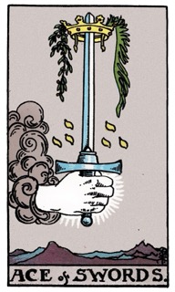 Rider–Waite Ace of Swords tarot card showing an upright sword crowned with a wreath, symbolizing mental clarity, truth, and decisive new ideas.
