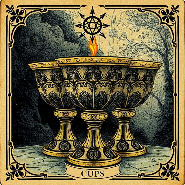 Tarot Cups suit icon showing ceremonial cups, symbolizing emotions, relationships, intuition, and inner experience.