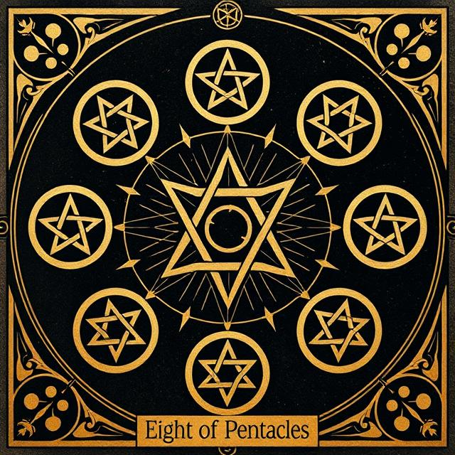 Illustrated Eight of Pentacles tarot icon representing focus, dedication, craftsmanship, and steady progress through effort.
