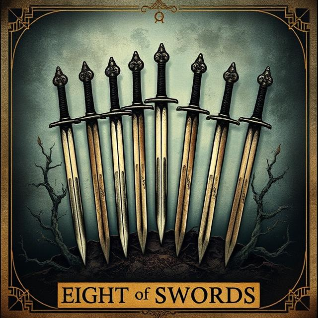 Illustrated Eight of Swords tarot icon representing mental restriction, fear-based thinking, and feeling trapped by beliefs.