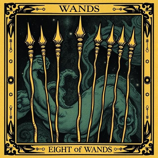 Eight of Wands tarot card representing rapid movement, communication, momentum, and events unfolding quickly.