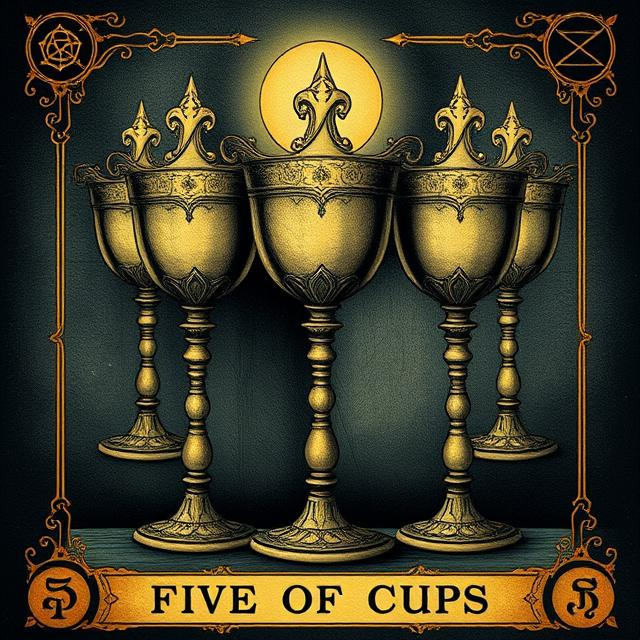 Five of Cups tarot icon showing overturned cups, symbolizing grief, disappointment, and focusing on loss rather than what remains.