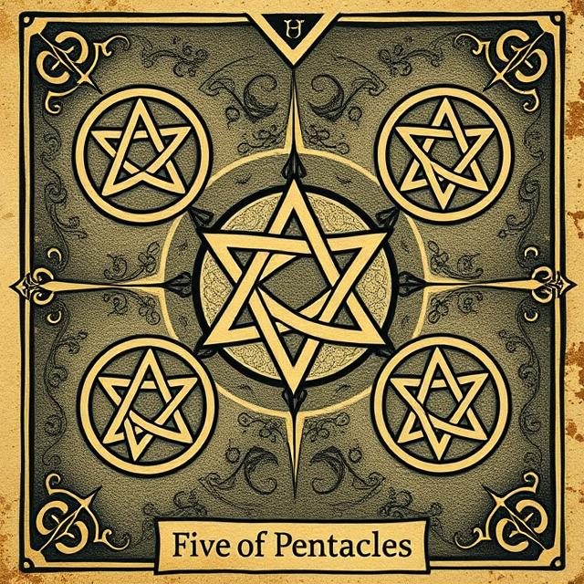 Illustrated Five of Pentacles tarot icon symbolizing hardship, financial stress, isolation, and feeling unsupported.