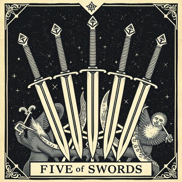 Illustrated Five of Swords tarot icon symbolizing conflict, tension, power struggles, and hollow victories.