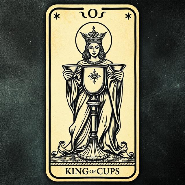 Illustrated King of Cups tarot icon symbolizing emotional balance, maturity, calm leadership, and inner stability.