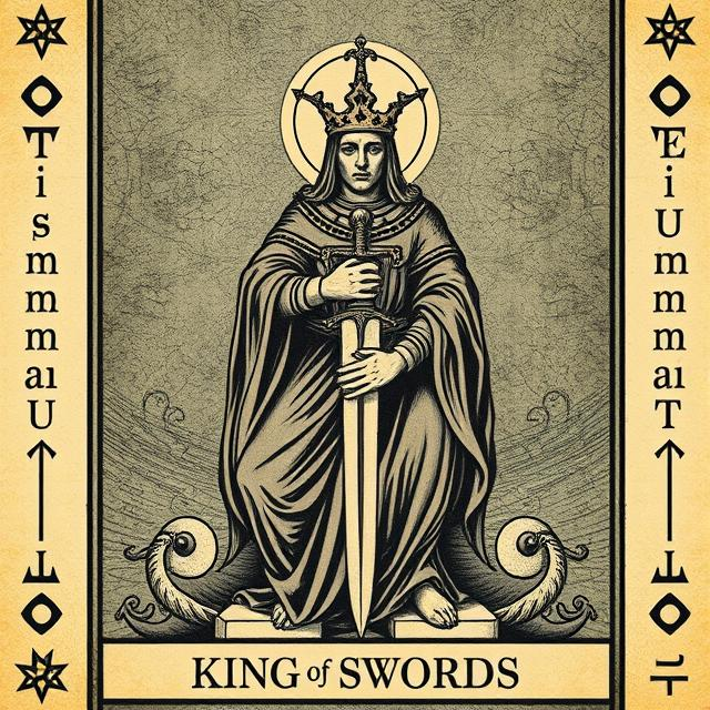 Illustrated King of Swords tarot icon symbolizing logic, wisdom, ethical leadership, clear judgment, and mastery of the mind.
