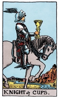 Rider–Waite–Smith Knight of Cups tarot card depicting a knight offering a cup, representing romance, idealism, emotional pursuit, and heartfelt intention.