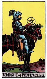 Rider–Waite Knight of Pentacles tarot card depicting a knight on a stationary horse, representing patience, dedication, responsibility, and steady progress toward long-term goals.