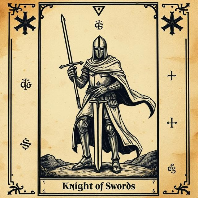 Illustrated Knight of Swords tarot icon symbolizing fast action, sharp intellect, decisive communication, and bold pursuit of truth.