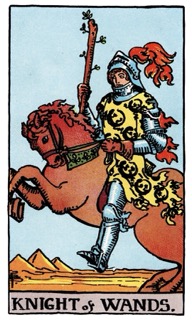 Rider–Waite–Smith Knight of Wands tarot card depicting a mounted knight in motion, representing passion, action, ambition, and forward momentum.